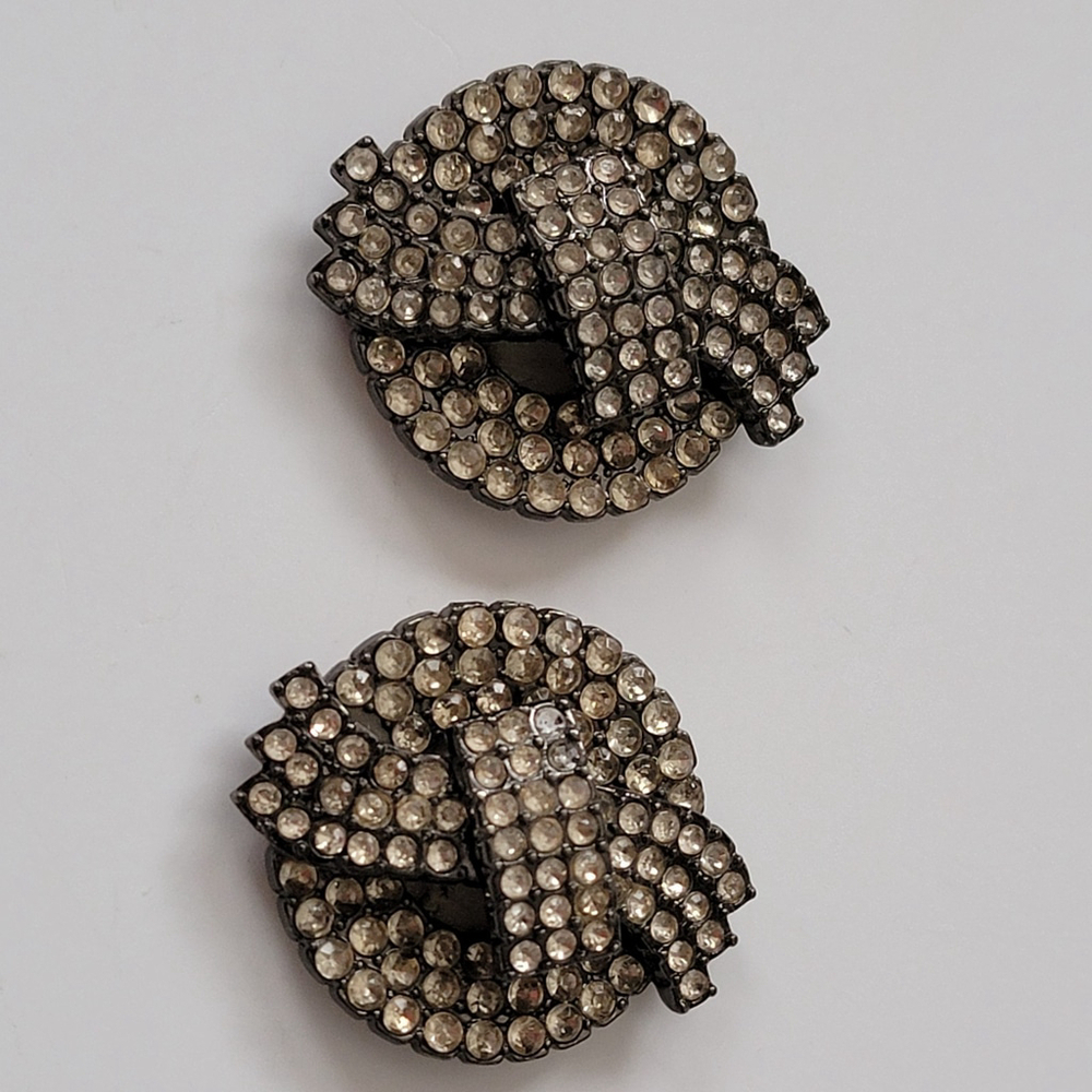 Pair Vintage Rhinestone Bow Tie Shoe Clips Costume Jewelry Leather Backing